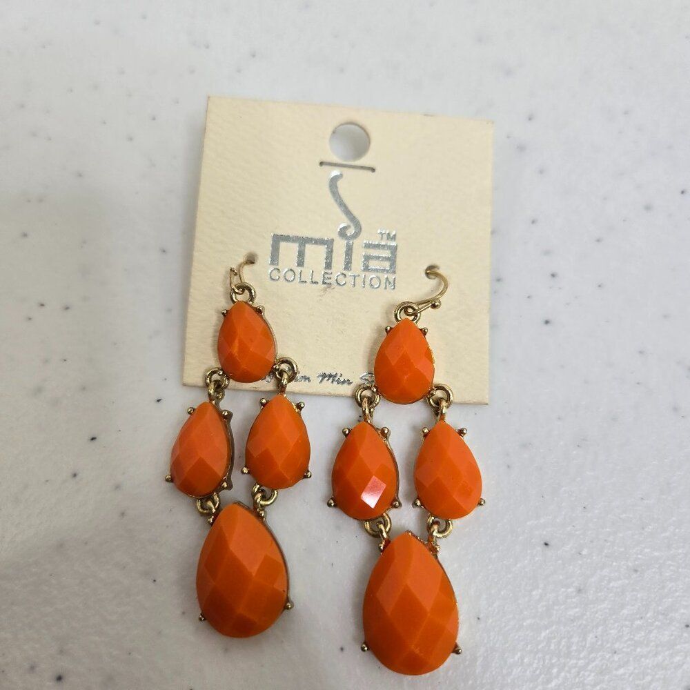 Mia Collection Earrings Orange Chandelier Teardrop Gold Tone Dangle New